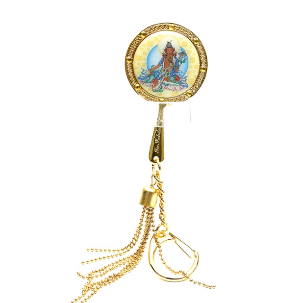 Брелок - зеркало богини Желтая Тара с мантрами и стразами можно купить в интернет-магазине фэн-шуй "Мой Талисман"