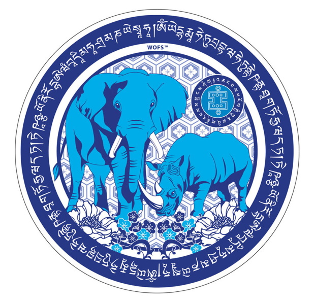 Синие слон и носорог с мантрами (наклейка коллекция 2020 года), которую можно купить в интернет-магазине фэн-шуй "Мой Талисман". Вышивки, картины, сувениры.