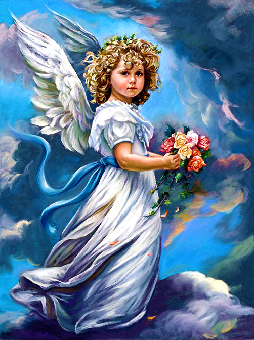 Ангел с букетом роз (картина по номерам), которую можно купить в интернет-магазине фэн-шуй "Мой Талисман". Вышивки, картины, сувениры.