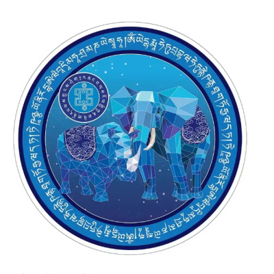 Синие слон и носорог с мантрами (наклейка коллекция 2020 года), которую можно купить в интернет-магазине фэн-шуй "Мой Талисман". Вышивки, картины, сувениры.