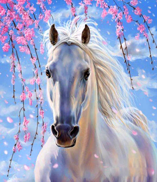 Картина Белоснежная лошадь (алмазная вышивка), которую можно купить в интернет-магазине фэн-шуй "Мой Талисман"
