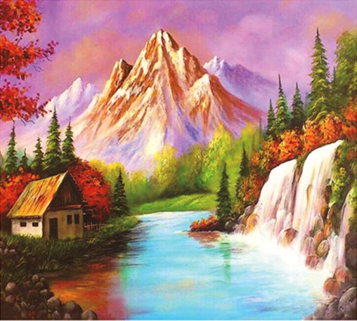 Дом у реки на фоне гор  и водопада (алмазная вышивка), которую можно купить в интернет-магазине фэн-шуй "Мой Талисман". Вышивки, картины, сувениры.