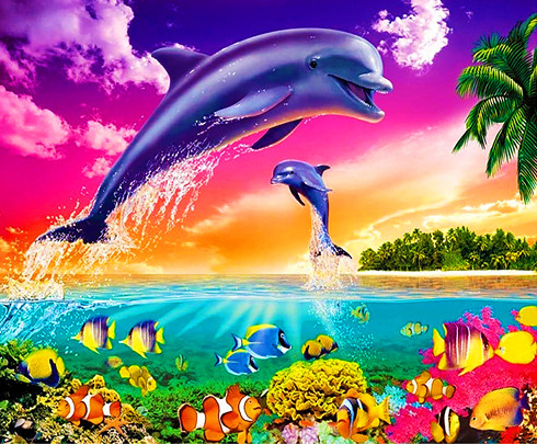 Дельфины с рыбками (алмазная вышивка), которую можно купить в интернет-магазине фэн-шуй "Мой Талисман". Вышивки, картины, сувениры.